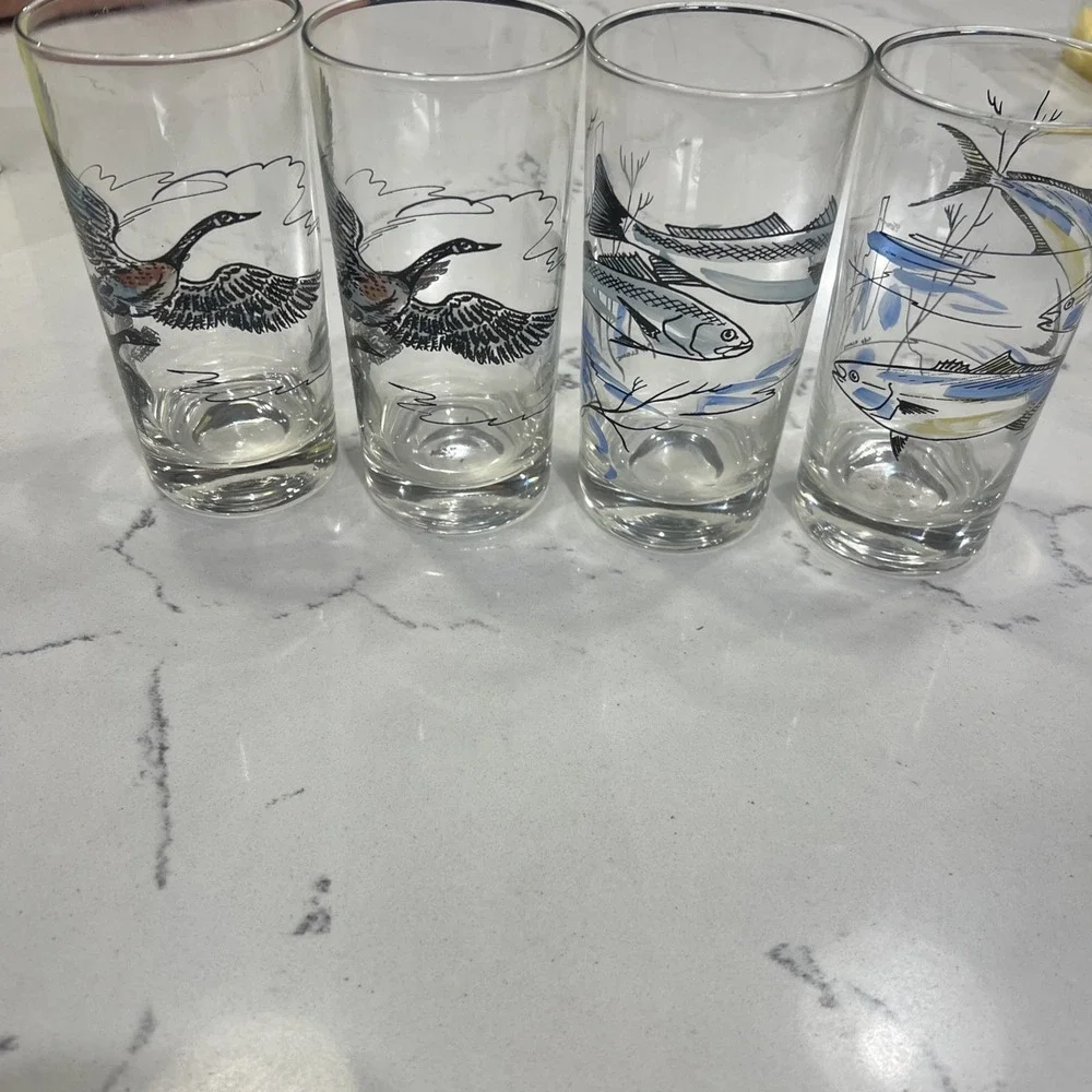 Vintage 1960s Cocktail Tumblers Geese/Fish MCM Retro Glasses Retro Barware